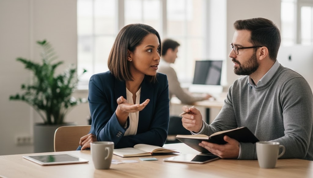 Two business associates having a conversation.