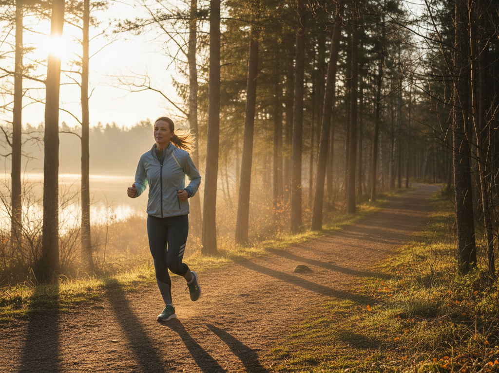 A woman in a light blue track suit running in the morning as the sun rises.